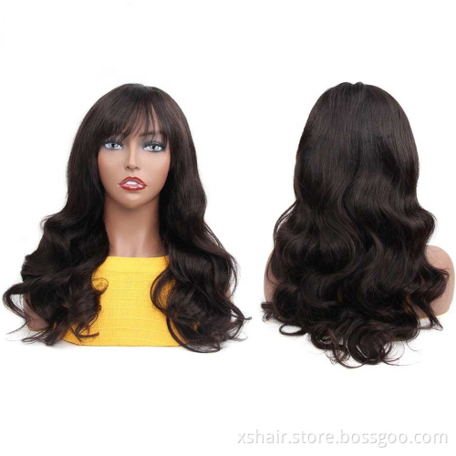 10A machine made wig Breathable Body Wave Human Hair Wig With Bangs None Lace Machine Made Wig
